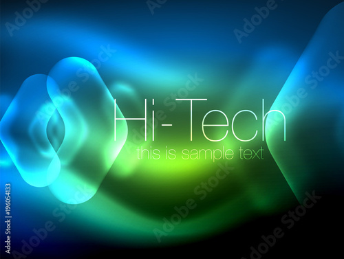 Blurred arrows in dark space. Neon pointers, glass glossy design, abstract shiny techno background, web banner