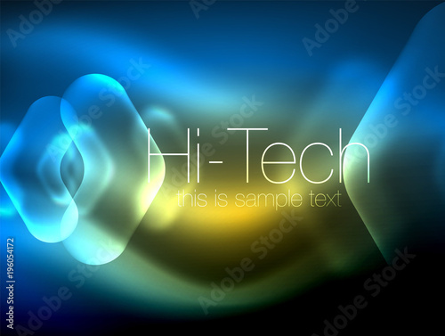 Blurred arrows in dark space. Neon pointers, glass glossy design, abstract shiny techno background, web banner