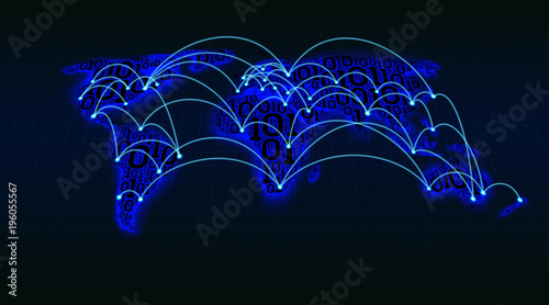 Abstract world map from digital binary code on a grid background, global Internet transactions between cities and countries, well-organized layers