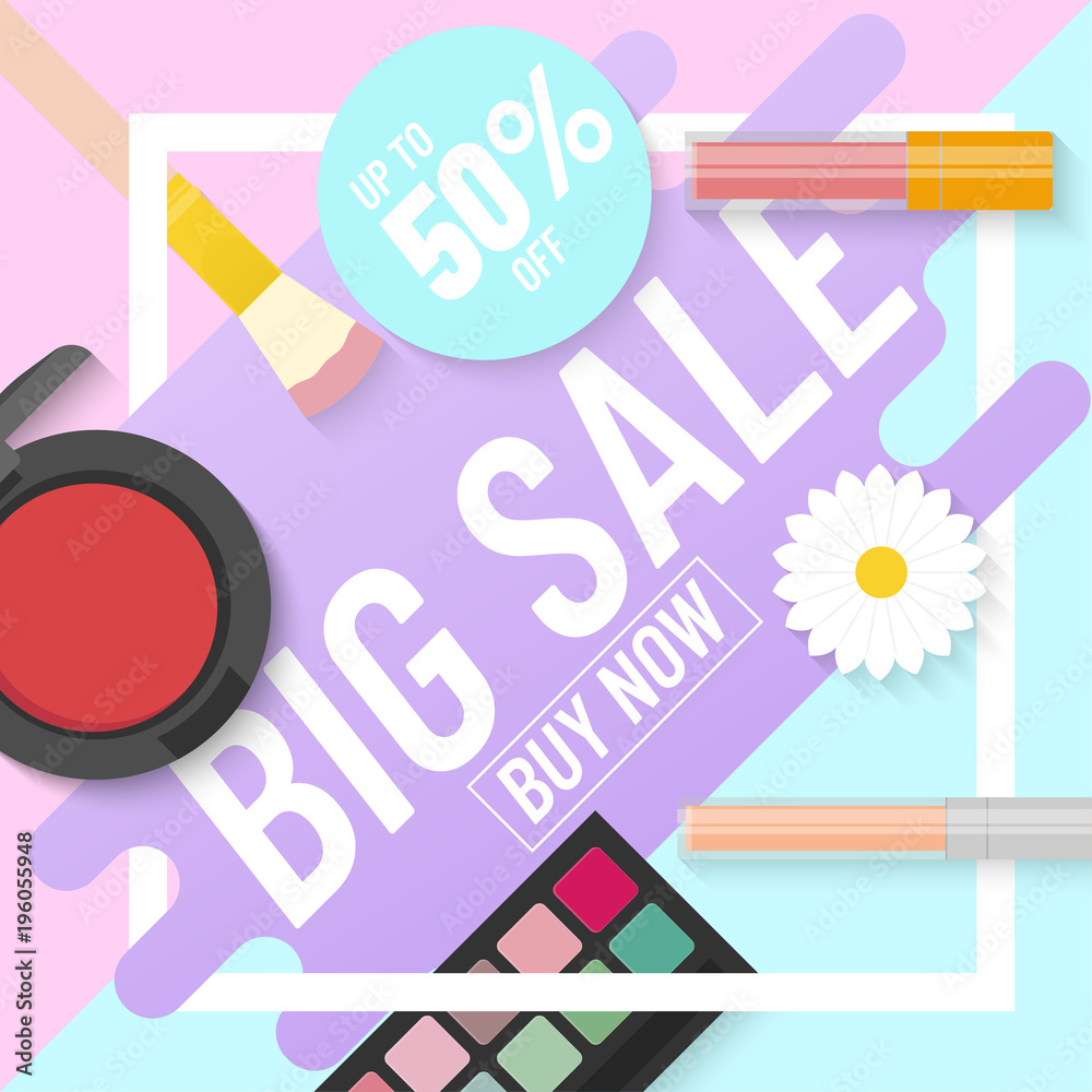 Big sale poster with Makeup products cosmetic, Flat Style Vector iIllustration