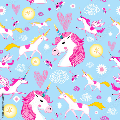 Seamless funny pattern from unicorns