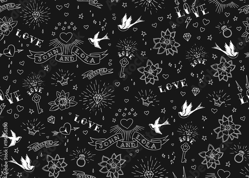 Old school tattoos seamles pattern with birds, flowers, roses and hearts. Love and wedding theme. Black and white traditional tattoo design. Vector illustration.