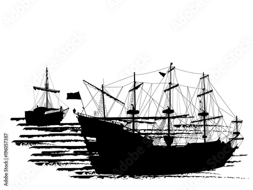 Silhouette of two pirate ships