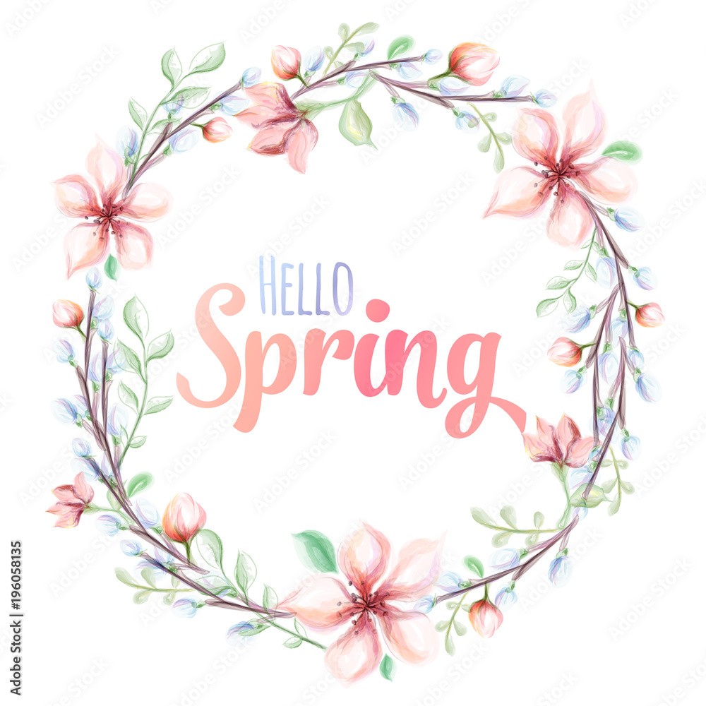 Hello spring hand drawn watercolor illustration. greeting card with watercolor flower wreath. Vector illustration