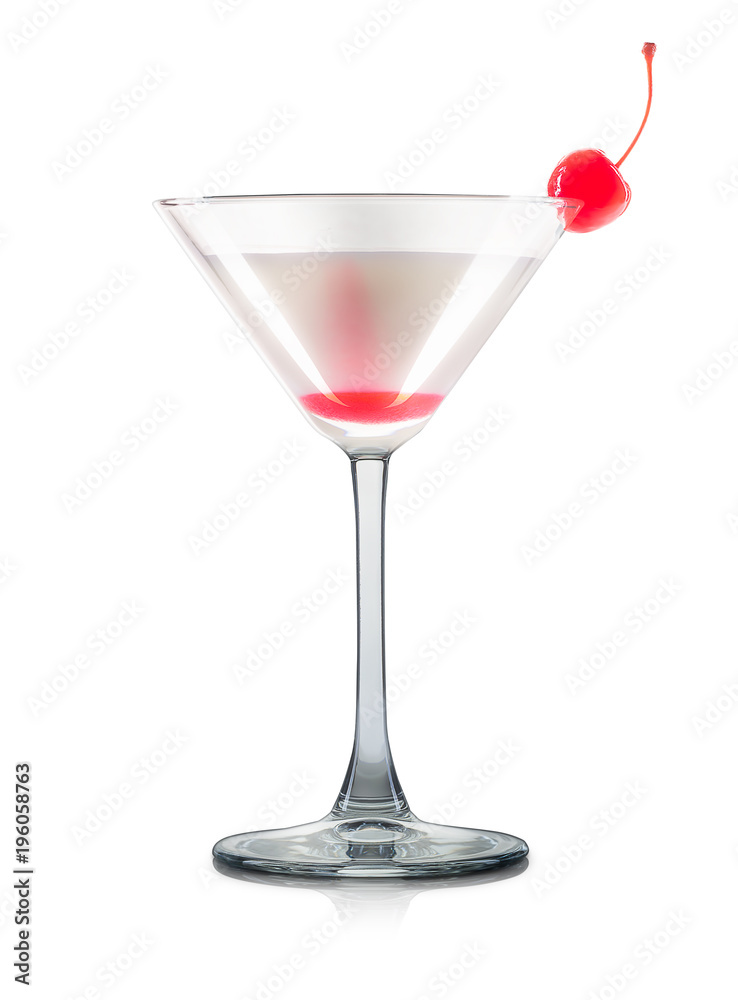 Mimosa cocktail or mocktail in martini glass with strawberry and grenadine syrup isolated on white background. Clipping path