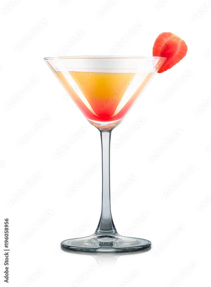 Mimosa cocktail or mocktail in martini glass with strawberry and grenadine syrup isolated on white background. Clipping path