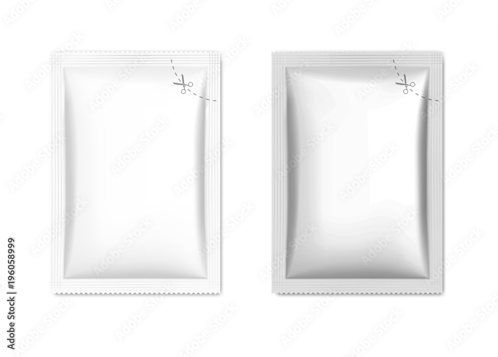 Template of blank sachet packaging for food, cosmetic and hygiene. Vector illustration on white background. Ready for your design. EPS10. Template of blank sachet packaging for food, cosmetic and hygiene. Vector illustration on white background. Ready for your design. EPS10.