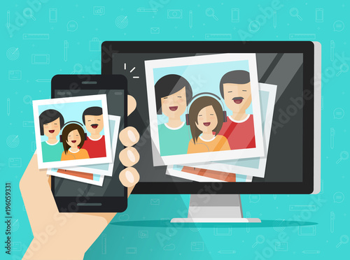 Smartphone streaming photo cards on computer vector illustration, flat cartoon mobile phone connected to pc wirelessly showing photos, photography multimedia transfer or downloading from cellphone