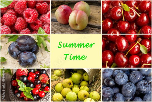 Fototapeta Naklejka Na Ścianę i Meble -  A collage of different summer fruits and berries. Chess order