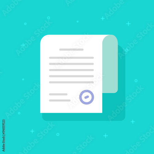 Document with stamp vector icon, flat cartoon paper sheet with text and approved stamp or seal, legal doc or certificate sign idea, agreement or contract symbol