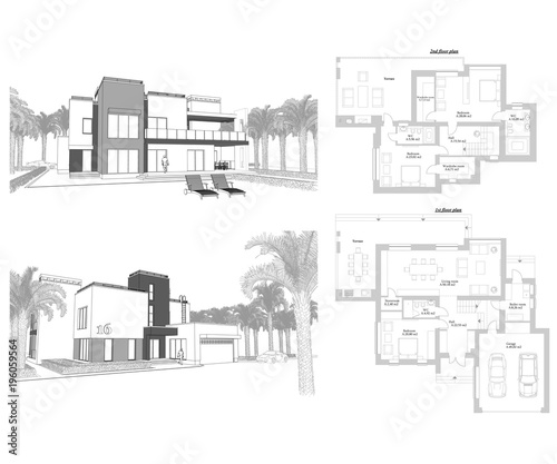 3d sketch of a modern private building with a terrace, facade and back yard view surrounded by palm trees. Floor plan layout blueprint. Illustration
