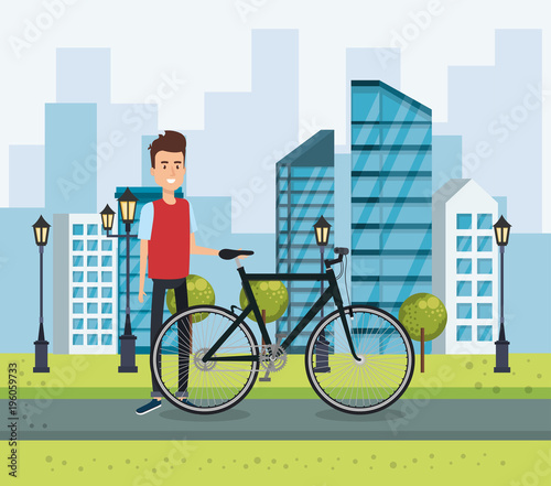 Fototapeta Naklejka Na Ścianę i Meble -  young man with bicycle in the park vector illustration design