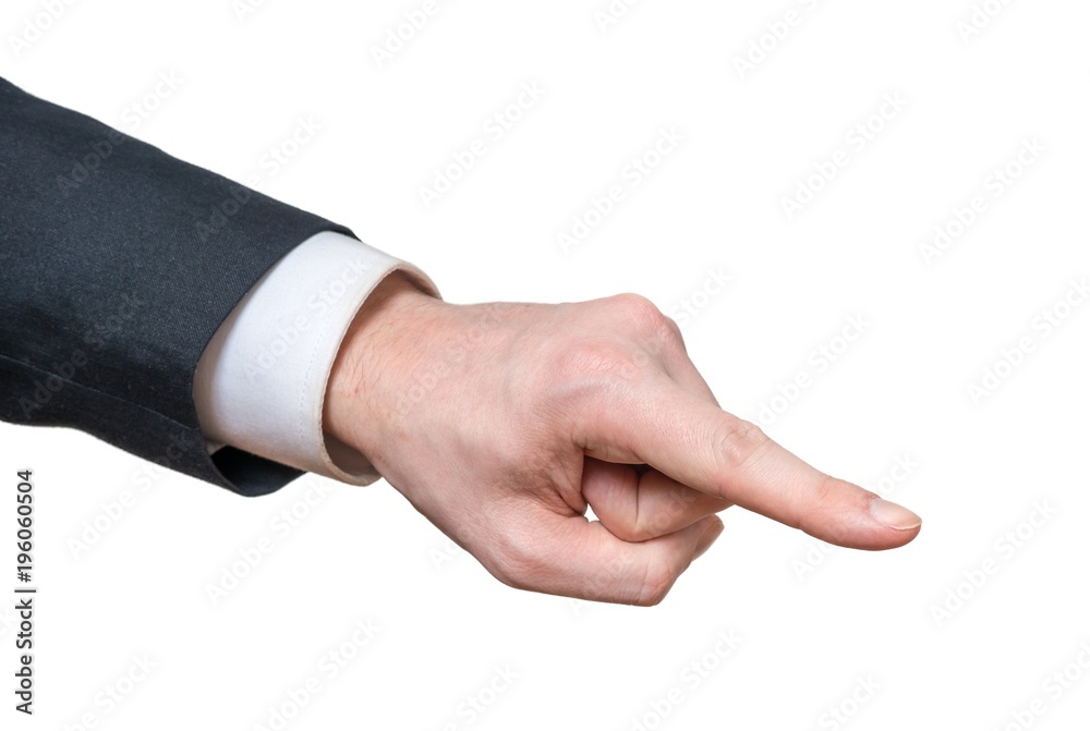 Hand of businessman is pointing right. Isolated on white background. Hand of businessman is pointing right. Isolated on white background.