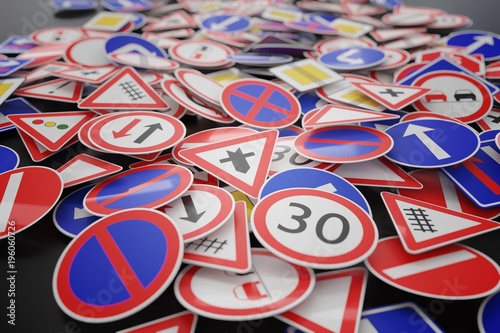 Background of many road signs. 3D rendered illustration.