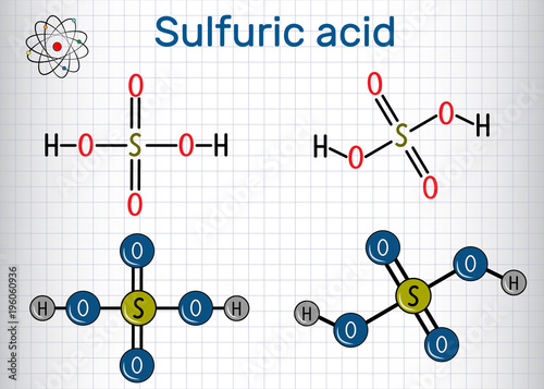 Sulfuric acid (sulphuric, H2SO4)  molecule .  It is strong mineral acid. Structural chemical formula and molecule model. Sheet of paper in a cage