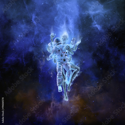 Deep space embrace / 3D illustration of astronaut encountering female technological entity