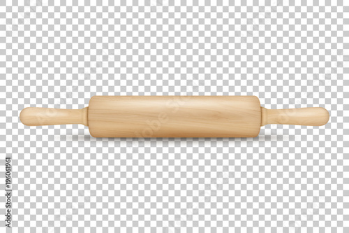Vector realistic 3D wooden rolling pin icon closeup isolated on transparency grid background. Design template for graphics