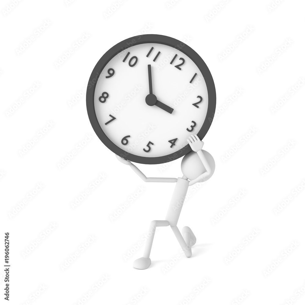Person bearing a clock with work hard concept. 3D rendering.