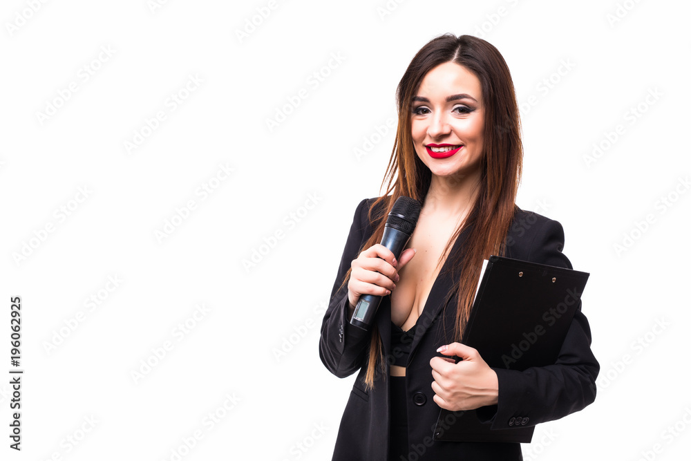 Young female with a microphone isolated on white background Young female with a microphone isolated on white background