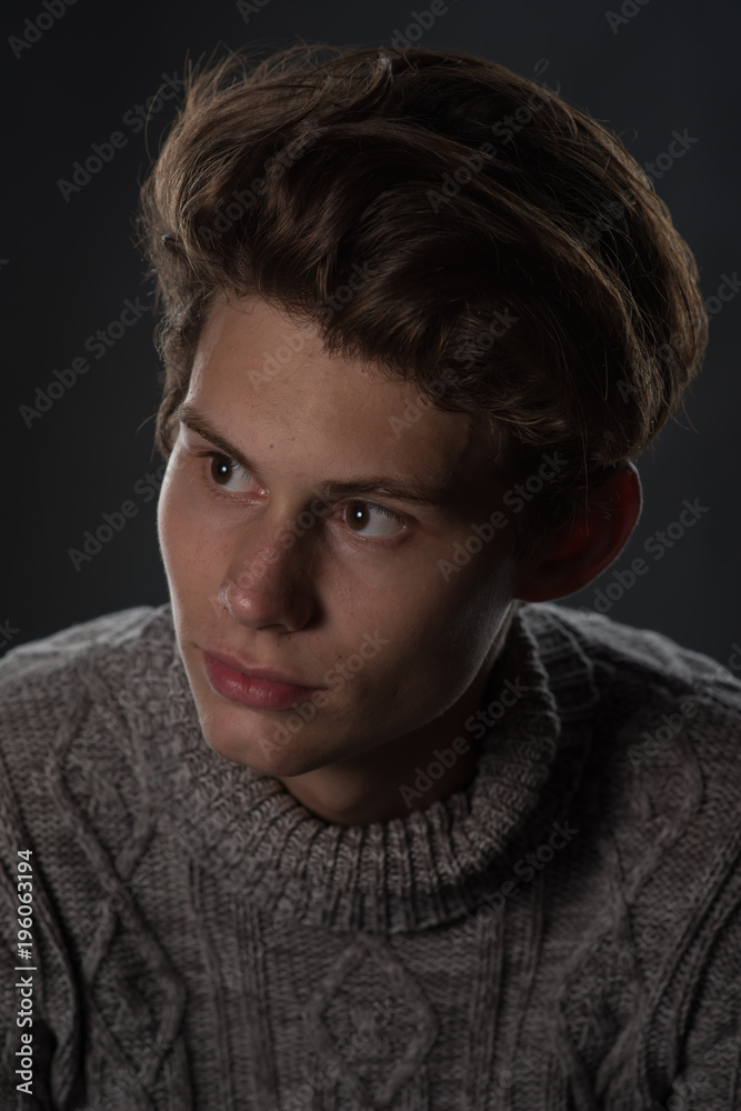 portrait of a beautiful teenager in a gray sweater