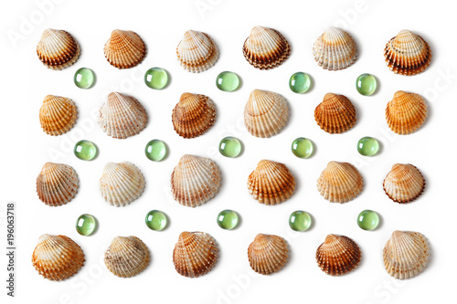 Pattern made of shells and green glass beads isolated on white background