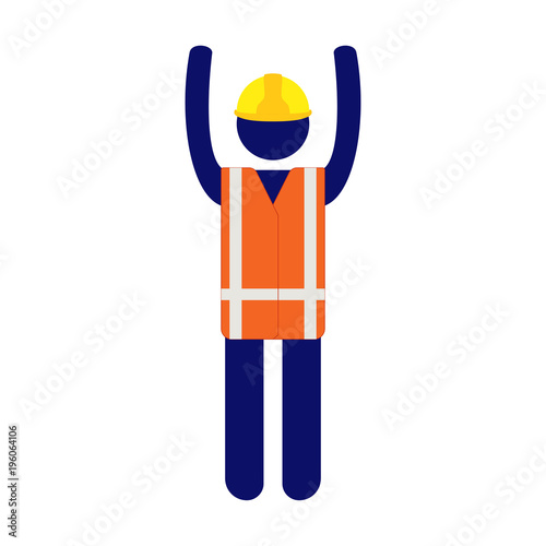 Isolated vector icon pictogram man with yellow helmet and orange high visibility vest raising hands