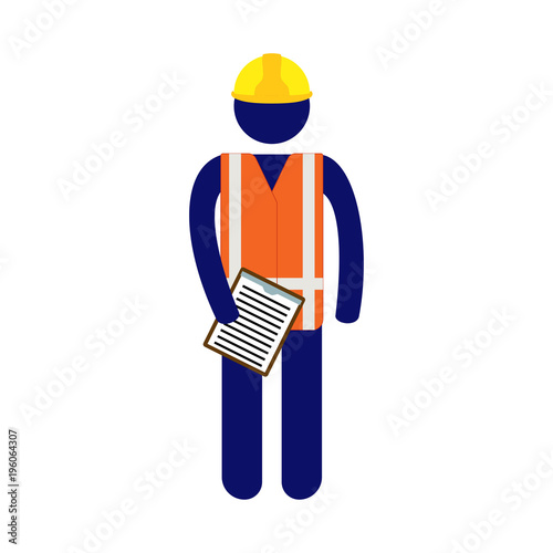 Vector site pictogram man holding checklist in notepad wearing orange high visibility vest and yellow helmet