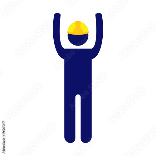 Isolated vector icon pictogram man with yellow helmet raising hands