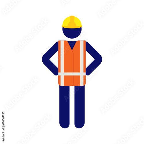 Isolated vector icon pictogram man with yellow helmet and orange high visibility vest put his hands on sides