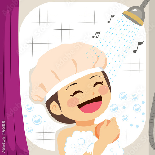 Girl singing on shower while scrubbing skin with sponge
