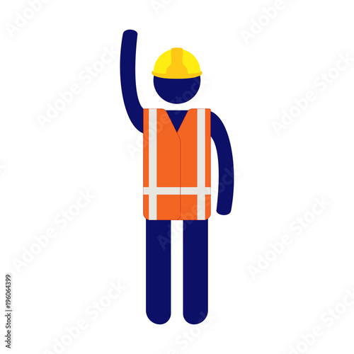 Isolated vector icon pictogram man with yellow helmet and orange high visibility vest raising right hand