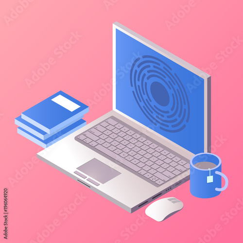 Isometric laptop on gradient background. Vector illustration