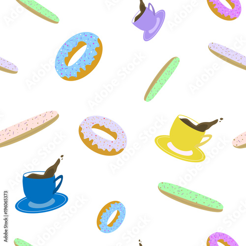 Colorful seamless pattern of cup of coffee eclair and donut on white background Vector Illustration