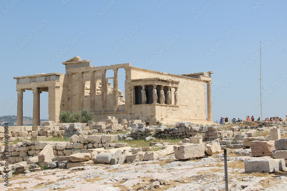 Erechtheion with panorama of Acropolis in summer in Athens, Greece