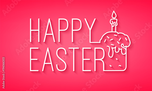 Happy Easter banner with text and easter cake in flat linear style. Vector greeting card.