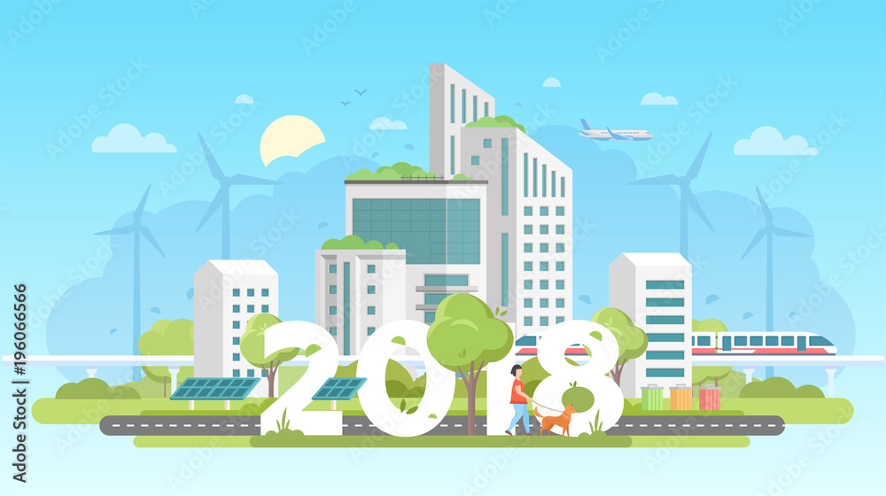 Modern eco city - colorful flat design style vector illustration