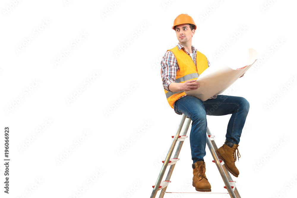 The engineer with a paper sitting on the ladder on the white background The engineer with a paper sitting on the ladder on the white background