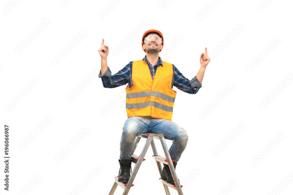 The happy engineer sitting on the ladder on the white background The happy engineer sitting on the ladder on the white background