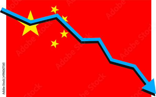 China flag with red arrow graph going down showing economy recession and shares fall. Isolated vector illustration.