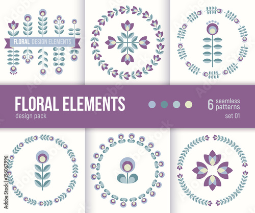 Set of six vector floral design elements and wreathes. Perfect for wedding invitation design. Retro pastel colors. 