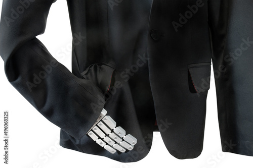 Robot hand / View of black male suit with hand of robot on white background.