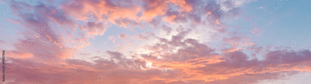 Fiery orange, pink and blue very beautiful sunset sky. Dramatic clouds after rain - obrazy, fototapety, plakaty 