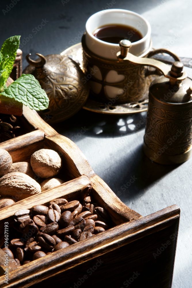 Fototapeta premium Black coffee with spices