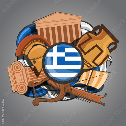 sights of greece on an abstract background with a flag, vector illustration