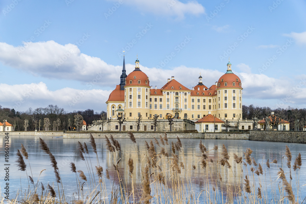 Castle Moritzburg in Dresden with reflections in the ice in the winter.