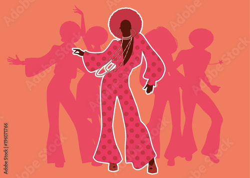 Silhouette of girl wearing clothes from the 60s or 70s dancing and dancers on the background