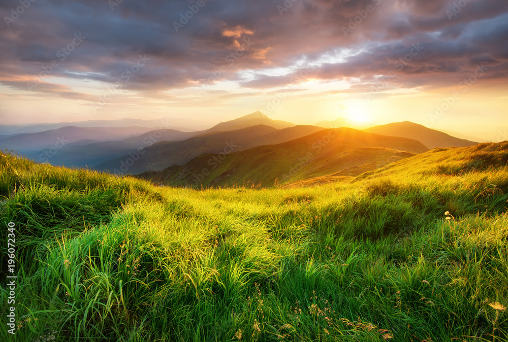 Fototapeta premium Górska dolina podczas wschodu słońca. Piękny naturalny krajobraz w okresie letnim.
