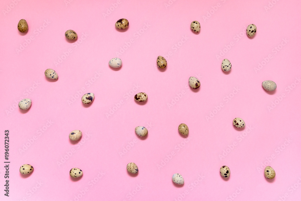 Quail eggs on pink background, copy space. Healthy food concept. Top view, flat lay. Easter eggs. Happy Easter concept Quail eggs on pink background, copy space. Healthy food concept. Top view, flat lay. Easter eggs. Happy Easter concept