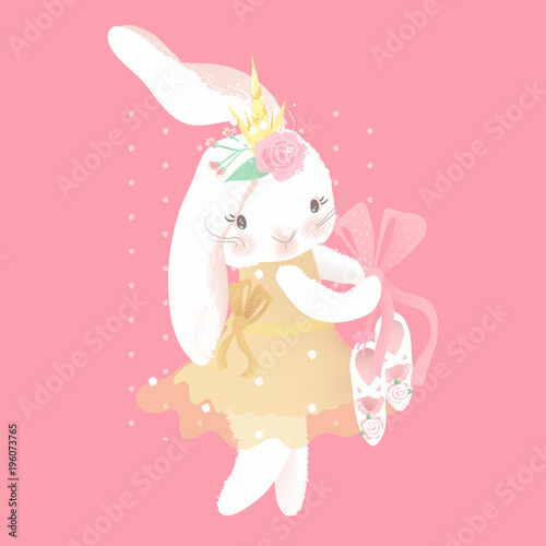 Cute ballerina bunny princess  ballet  ballerina girl with flowers  floral wreath  bouquet  tied bow and ballet shoes