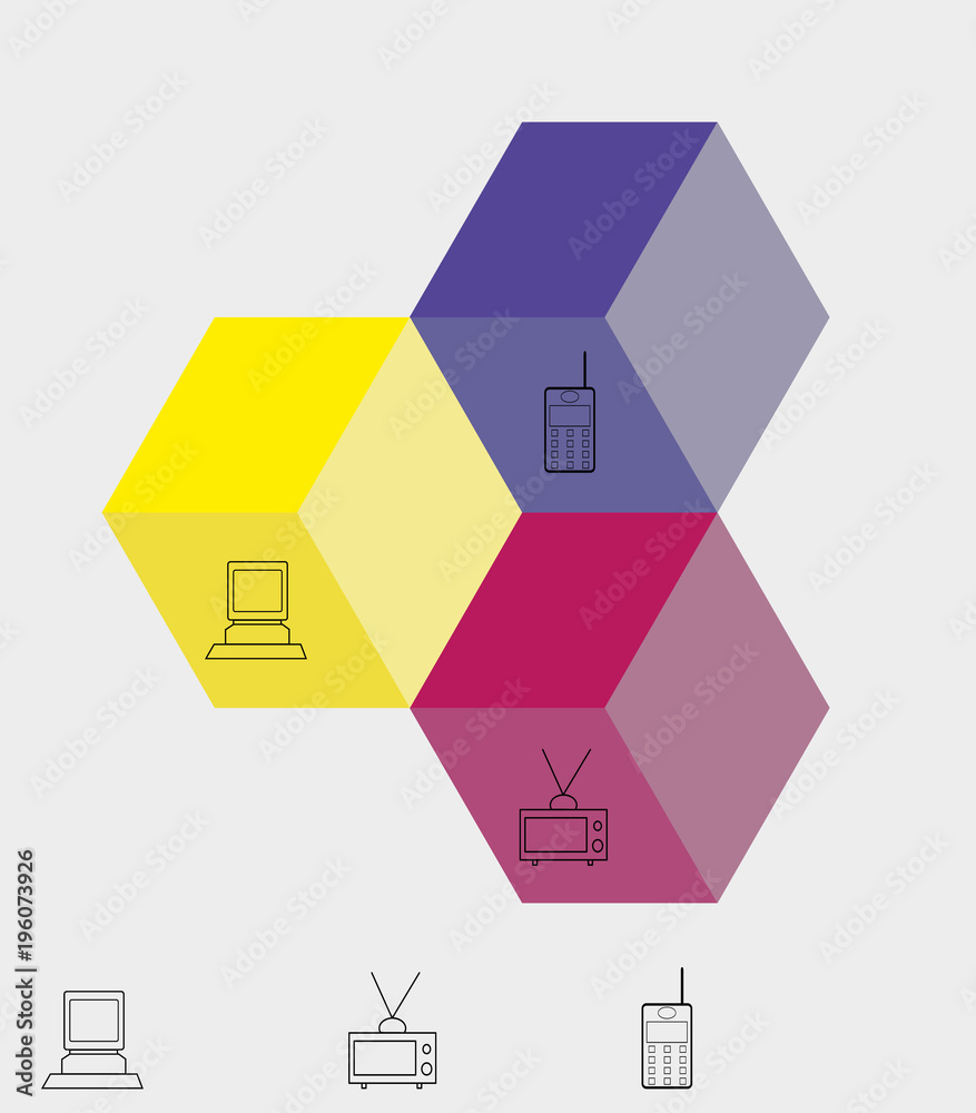 Obraz premium infographic/The figure depicts an infographic of dice on three points. Infographics with text in yellow, blue and pink colors.